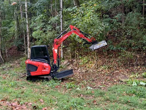 Compact excavator with a mulching head clearing brush at the edge of the woods